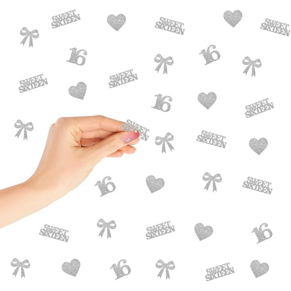 120 Sweet 16 Confetti, Happy 16th Birthday Table Confetti, Pink Bows 16 Paper Scatters, Silver Glitter Sweet Sixteen Cut Out for Anniversary Party Table Decoration