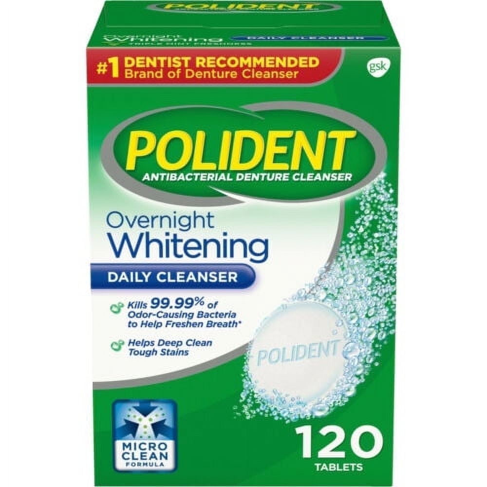 120 Tablets Polident Overnight Whitening Antibacterial Denture Cleanser