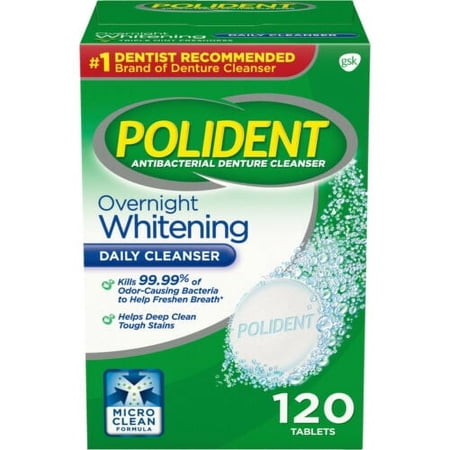 120 Tablets Polident Overnight Whitening Antibacterial Denture Cleanser