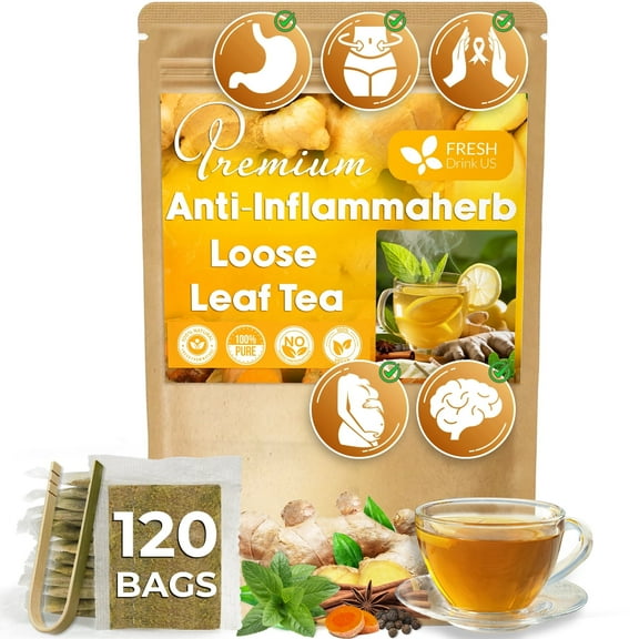 120 Tea Bags - Anti-Inflammaheb Loose Leaf Tea, 100% Natural from Ginger, Turmeric, Peppermint, Black Pepper, Cinnamon. Made with Natural Material Tea Bags. No Sugar, No Caffeine, No Gluten, Vegan.