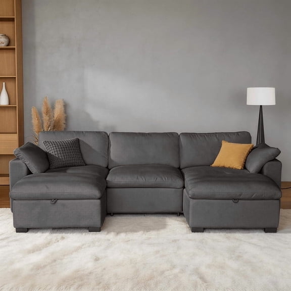 120" U Shaped Couch with Storage Ottoman, Down-Filled Wide Deep Seat, Solid Wood Frame, Tool Free