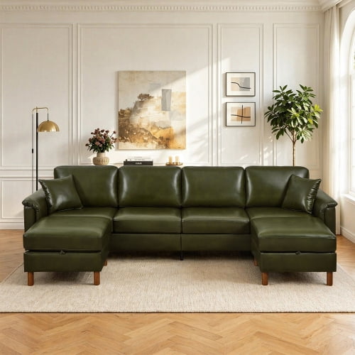 120" U-Shaped Sectional Sofa with 2 Removable Storage Ottomans, Faux Leather Couch, Breathable PU Leather, Solid Wood Frame, Dark Green
