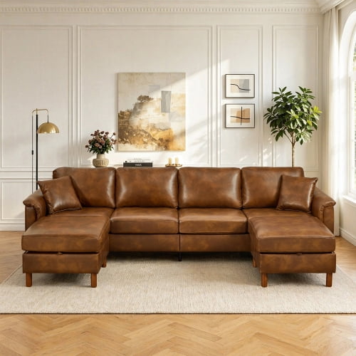 120" U-Shaped Sectional Sofa with 2 Removable Storage Ottomans, Faux Leather Couch, Breathable PU Leather, Solid Wood Frame, Vintage Brown