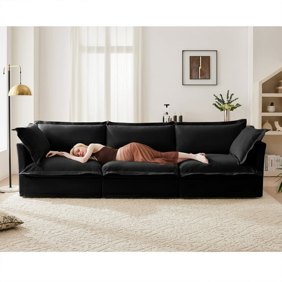 120" Upholstered Chenille 3 Seater Cloud Deep Seat Sofa, Slipcovered Sectional Couch with Removable Covers for Living Room,Black