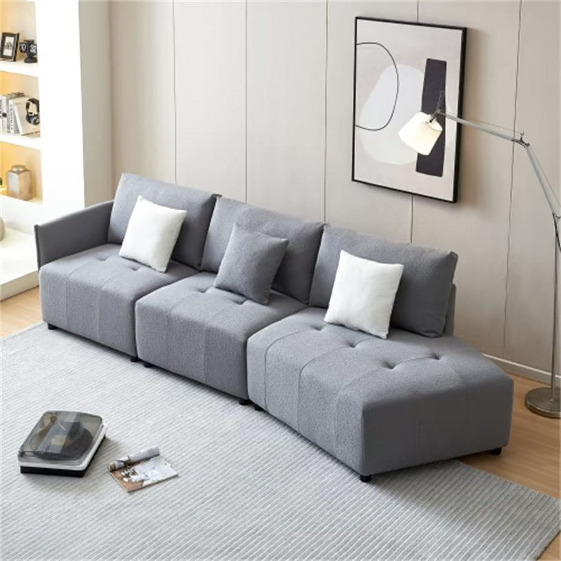 120''W Modular Sectional Couch with 3 Movable Pillows, Long Loveseat