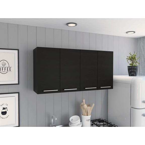 120 Wall Cabinet with Four Doors, Two Cabinets, Two Shelves, Black Kitchen Storage Cabinet with Metal Dish and Mug Racks, Wall-Mounted Organizer for Kitchen or Garage