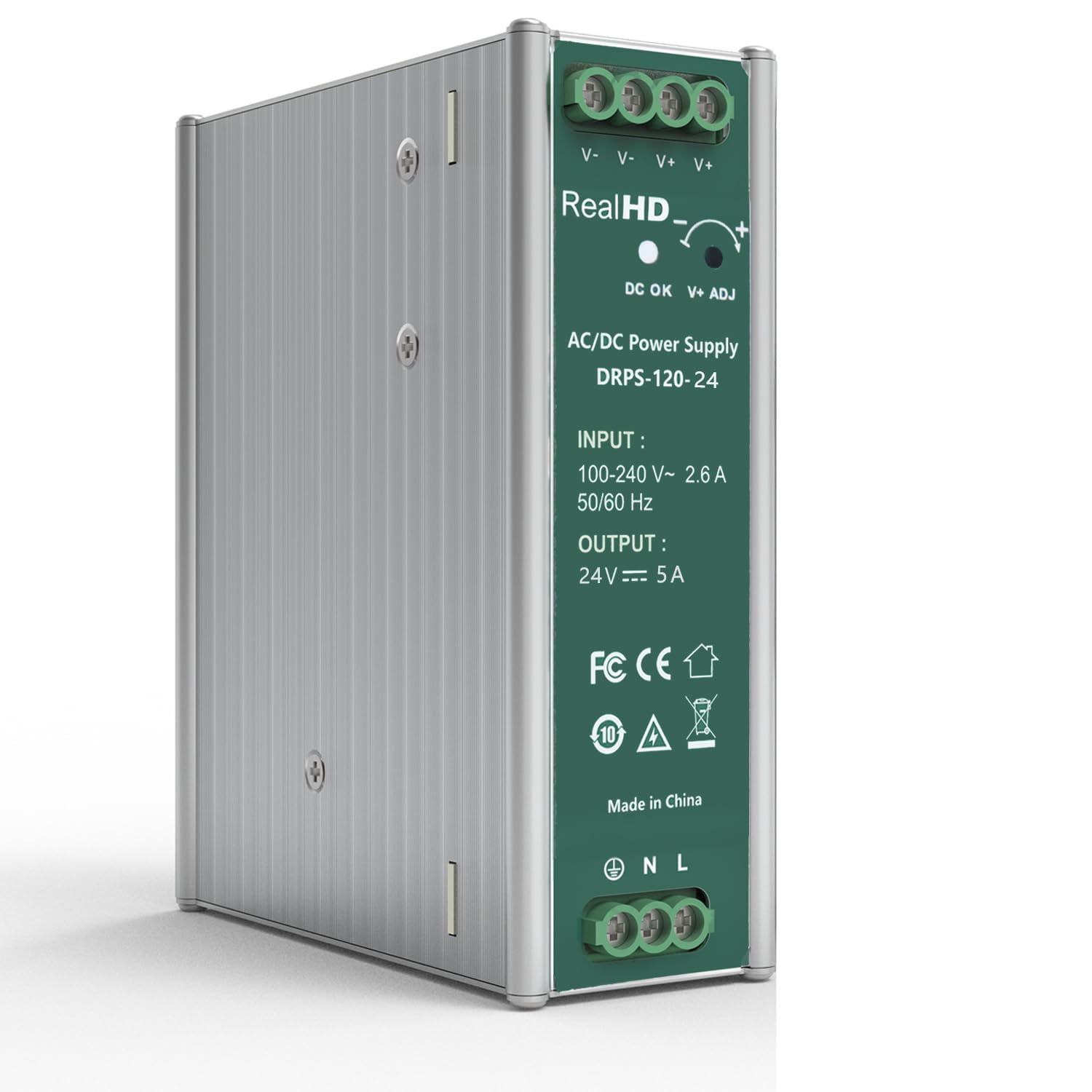 120 Watts 24VDC 5Amp Industrial DIN Rail Power Supply Single Output (24V 120W), Size 1.7 x 4.8 x 5.1inch