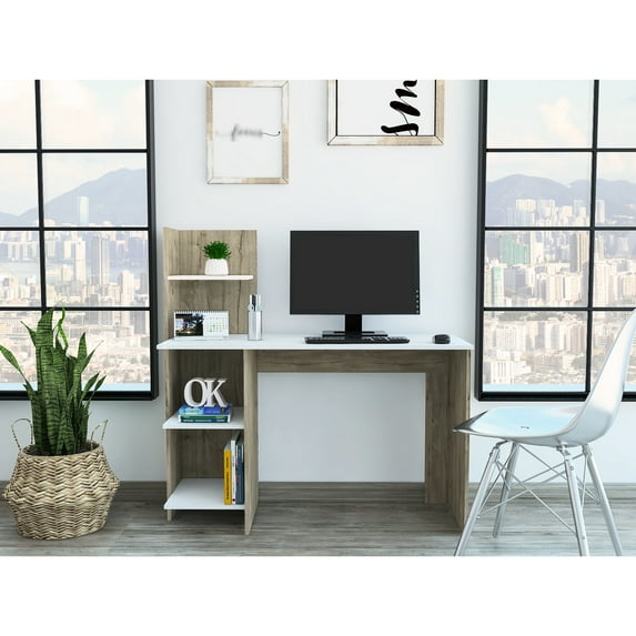 Oak/white 120 Writing Desk, Four Shelves, Three Open 47.2" W X 17.7" D For Laptop And Monitor, Enrapturing View Charming Sight