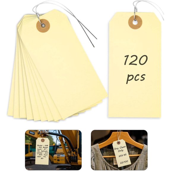 120 count Manila Tags with Wire, 4 3/4" x 2 3/8" Heavyweight Shipping & Inventory Labels, Blank for Price, , Retail, Crafts, Warehouse & Office