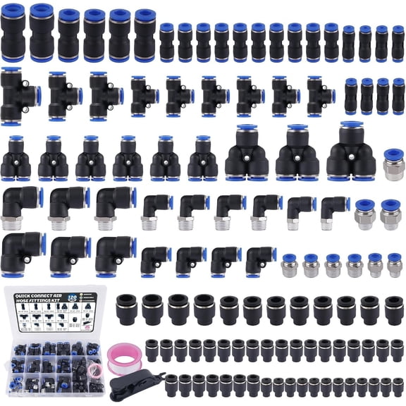 120 count Quick Connect Air Hose Fitting Kit,1/8" 1/4" 3/8" 1/2" NPT Thread Push to Connect Fittings Pneumatic Air Line Quick Connect Quick Release Fitting Kit