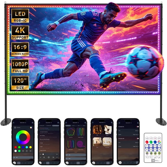120 inch Outdoor Projection Screen with Stand, Smart RGB LED Strip Light, 4K 16:9 Wrinkle Wind Resistant Movie Screen, Foldable Portable Projector Screen for Backyard Camping Home Theater