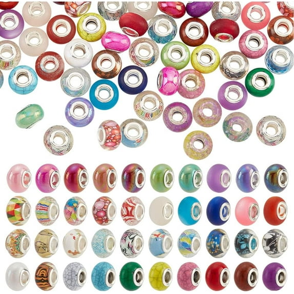 120 pcs 4 styles European Beads 5 mm Large Hole Resin Rondelle Beads Acrylic Flower Pattern Charms Beads Transparent European Beads for DIY Bracelets Necklaces Jewelry Making