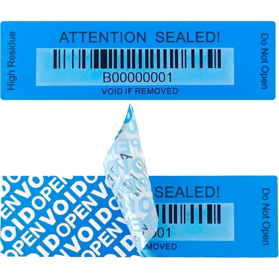 120 pcs Tamper Proof Label Sticker with Bar Code Total Transfer Security Warranty Void Seals/Stickers for Reusable Package with Serial Number(1 x 3.4Inches,Blue)