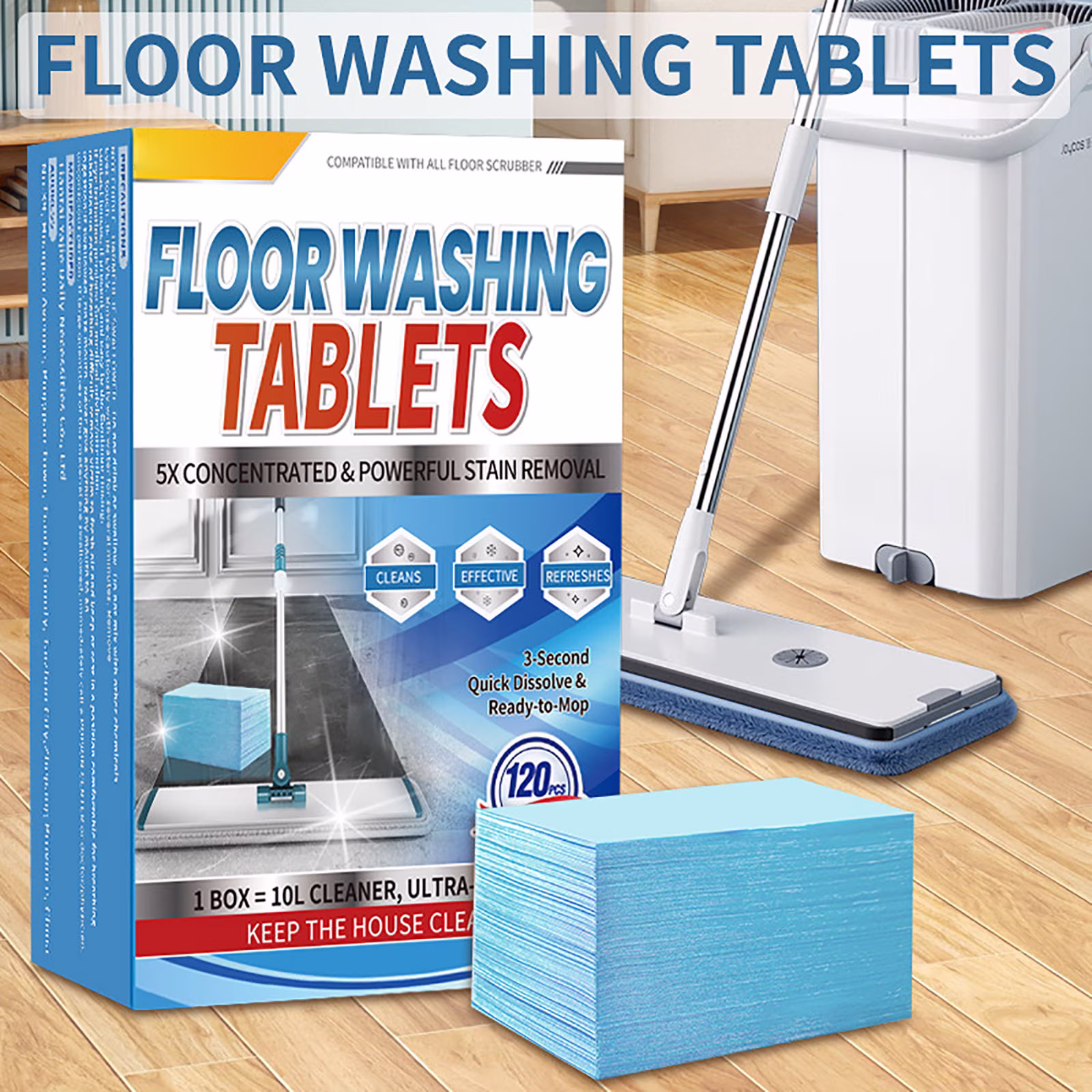 120-piece Floor Cleaning Tablets Sheets, Water Soluble Floor Cleaner for Mopping, Concentrated Multi-Surface Cleaning Sheets Fit for Hardwood, Laminate Floors, Wall Tiles, Glass, Blue