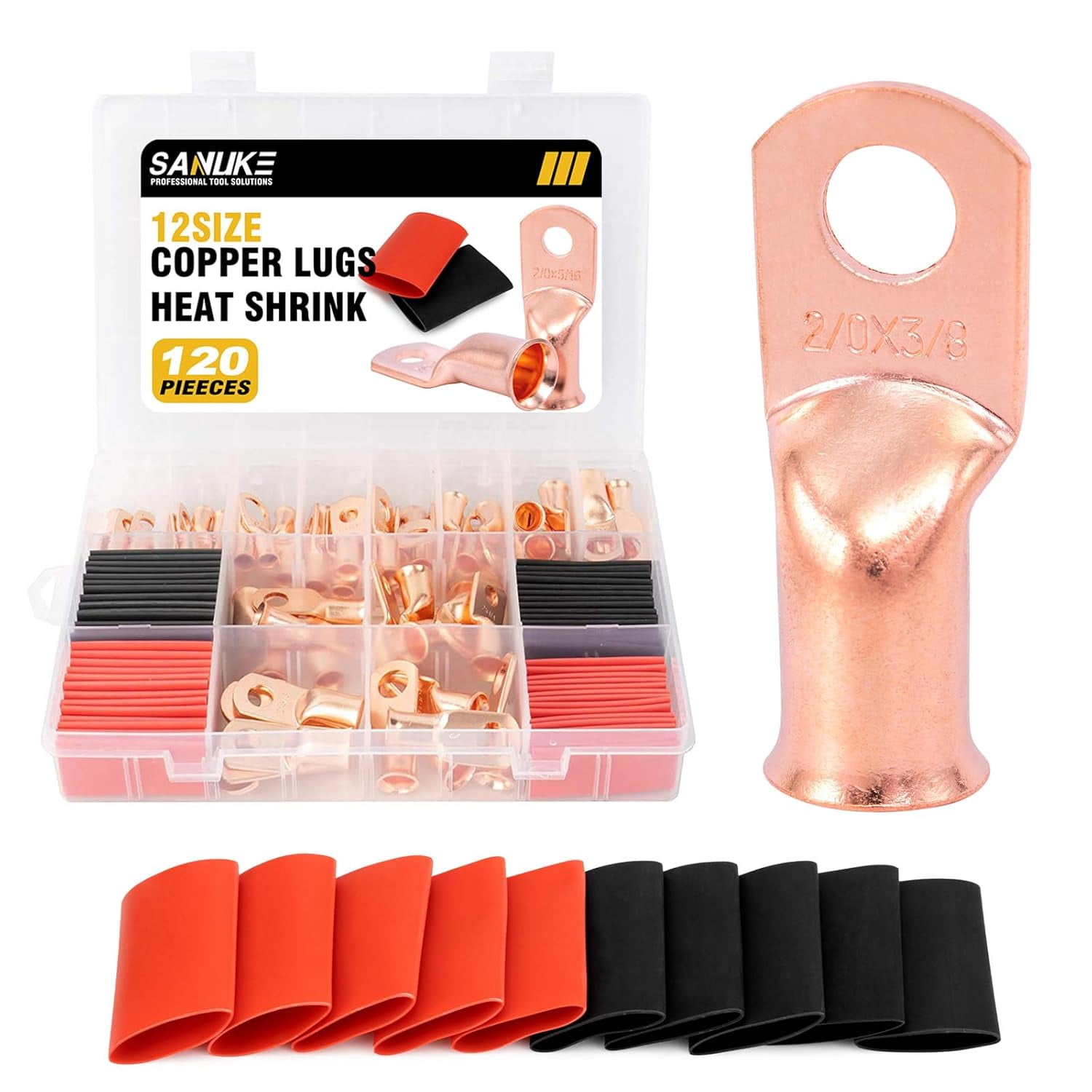 120 pieces 8642 copper wire terminals with heat shrink set, 60 pieces heavy duty battery cable closed end tubular ring terminals connectors, with 60 pieces heat shrink tubes