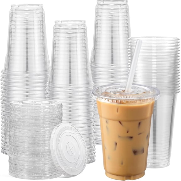 120 sets -16 oz clear plastic cup with lid, disposable cup with straw slot lid for cold drinks, milkshakes, smoothies, iced coffee and going out drinks