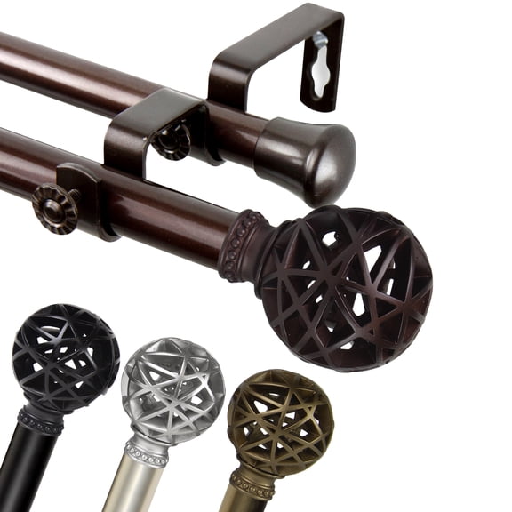 120" to 170" Adjustable 3/4" Dia Double Curtain Rod in Cocoa with Matthias Finials,(4788-997)