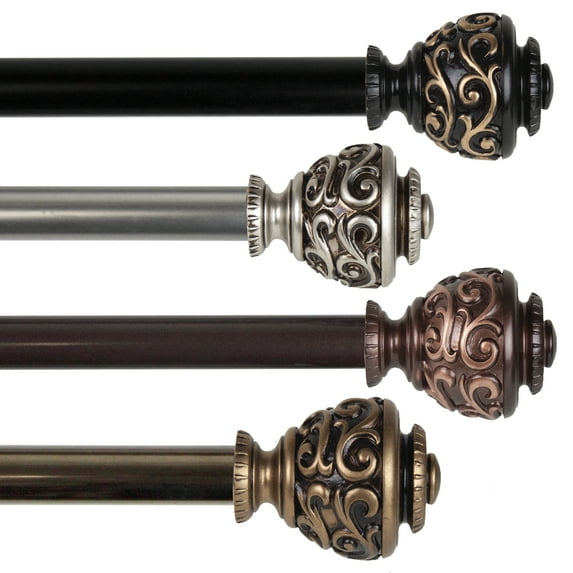 120" to 170" Adjustable 3/4" Dia Single Curtain Rod in Black with Ingo Finials,(4889-992)