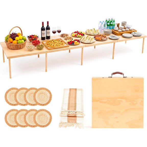 120" x 30" Folding Picnic Table with Woven Placemats and Table Runner Portable Low Picnic Floor Desk with Adjustable Legs for Beach, Wedding, Camping, 16 People, Four-fold Style