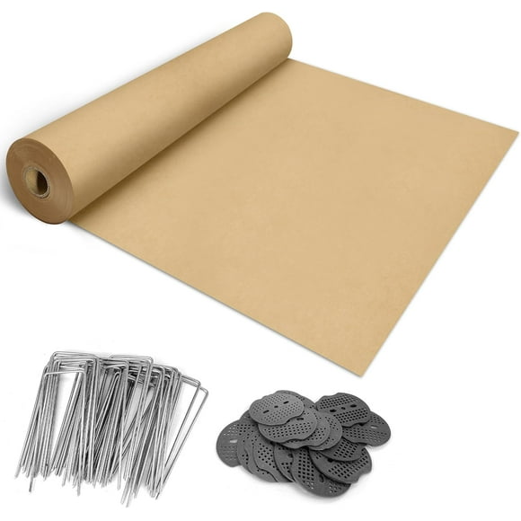 120 x 4 Ft Biodegradable Paper Weed Barrier, Garden Paper Weed Barrier with U-Shaped Ground Nails, Biodegradable Landscape Fabric, Weedguard Plus Paper Mulch for Weed Control & Holds Soil Moisture