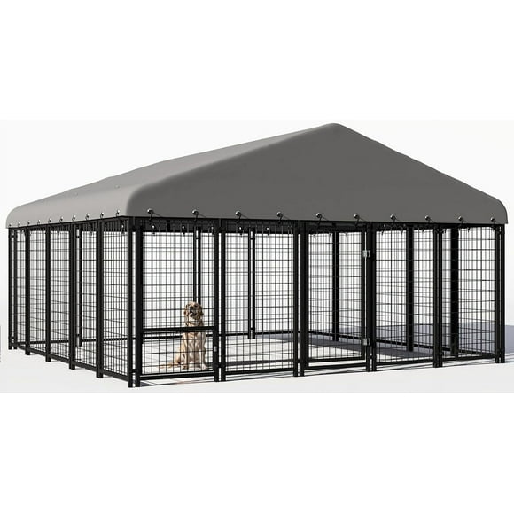 Outdoor Dog Kennel 120"x118", Large Metal Fence House with Roof, Feeding Door, Double Lock