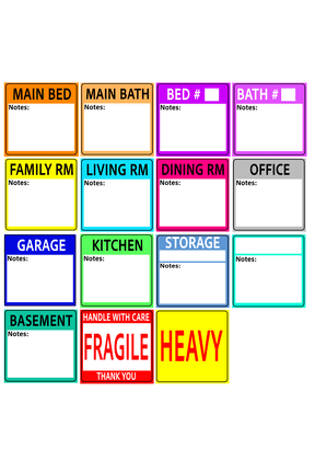 1200 Count 1.5"x1.5" Mini Moving Packing Box Labels for any size household with Writable Notes Areas, 12 Color Coded Moving Label types for boxes + Fragile Moving Stickers + Heavy and Blank Labels