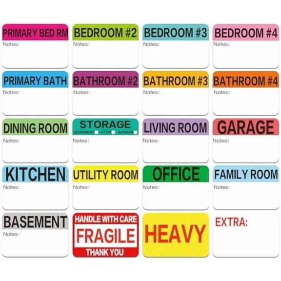 1200 Count 3 x 2 Inch Large Home Moving Packing Box Labels with Writable Notes Areas, 17 Color Coded + Fragile + Heavy + Blank Labels