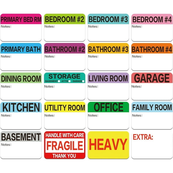 1200 Count 3 x 2 Inch Large Home Moving Packing Box Labels with Writable Notes Areas, 17 Color Coded + Fragile + Heavy + Blank Labels
