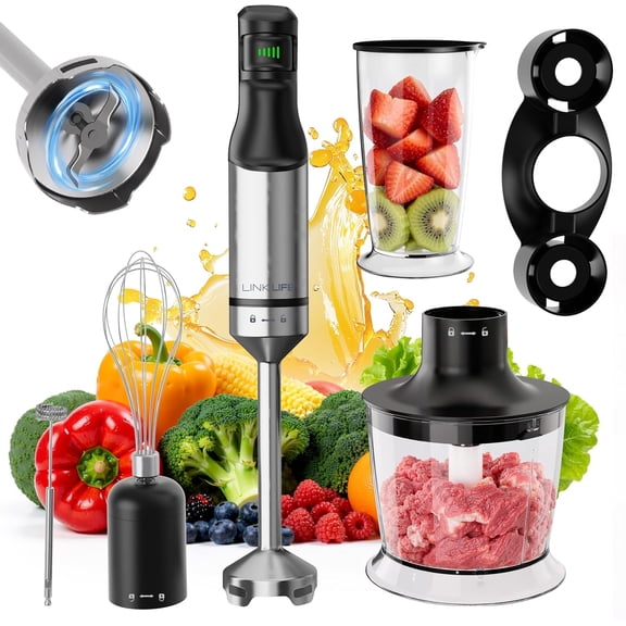 1200 Handheld Mixer, 5-in-1 Variable Speed Emulsifier Handheld Mixing Stick, with Whisk Cutter Frother Mixing Cup and Storage Rack for Kitchen Soup, Puree, Baby Food and Milkshakes