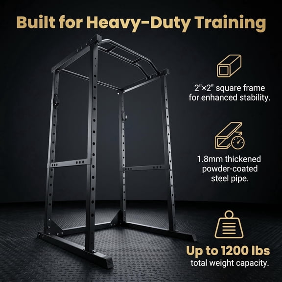1200 LBS 14-Level Adjustable Power Cage, Multi-Grip Pull-Up Bar, 1.06" J-Hooks & Safety Arms (8.7"-71.7"), 2"2" 1.8mm Steel Frame for Home Gym Bench Press & Deep Squat