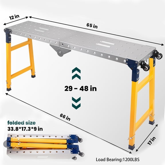 1200LBS Folding Welding Table Heavy Duty,  66" x 17" x 48" Carbon Steel Work Bench 5-Level Adjustable Height with 4 Tool Slots & 0.63" Fixture Holes for Welding Appliance Repair