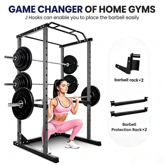 1200 LBS Power Rack Home Gym, 44.3'' x 45.6'' x 81.5'' Versatile Power Cage, Squat Rack with More Training Accessories, Multi-Grip Pull-Up Bar, Adjustable Safety Bars for Home Gyms (Black)