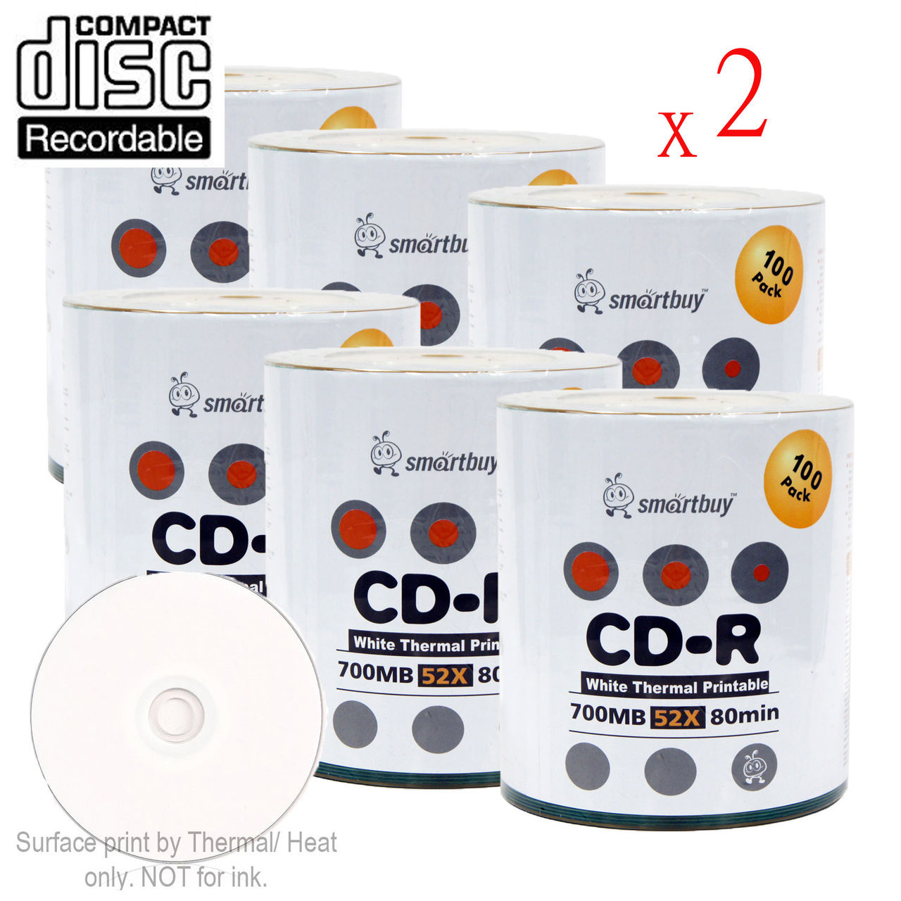1200 Pack Smartbuy 52X CD-R 700MB 80Min White Thermal Hub Printable Data Blank Media Recordable Disc