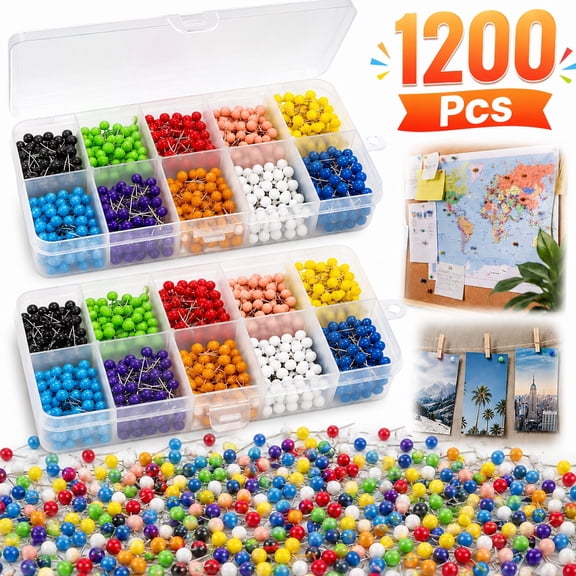 1200 Pcs Push Pins Multi-Color, 1/8" Small Map Tacks with Plastic Beads Head for Travel Maps, Cork Board, Bulletin Board, World Map Pin Board, Fabric Marking, Office, Craft, DIY Projects 2 Boxes