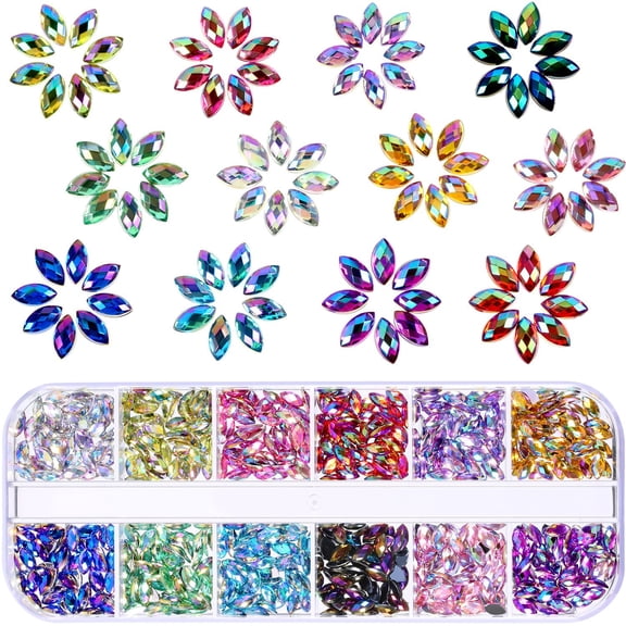1200 Pieces 12 Colors Shiny Nail Rhinestones Horse Eye Nail Rhinestones Flat Back Gems Decorations Supplies with Box Face Art Gem Jewel for Halloween Party Decorations Crafts (12 Colors)