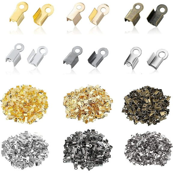 1200 Pieces Cord Crimp End Tips Fold-Over End Caps Leather Ribbon Ending Fold Over Cord Clasp Tips Jewelry Connector Clasps and Closures for Jewelry Making DIY Crafts, Gold,Bronze,Silver