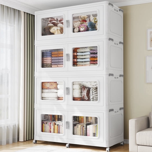1200Qt Extra Large Stackable Storage Bins with Lid, 300Gal Collapsible Closet Organizer and Storage Drawers with Wheels, Plastic Storage Box, 4Packs, White