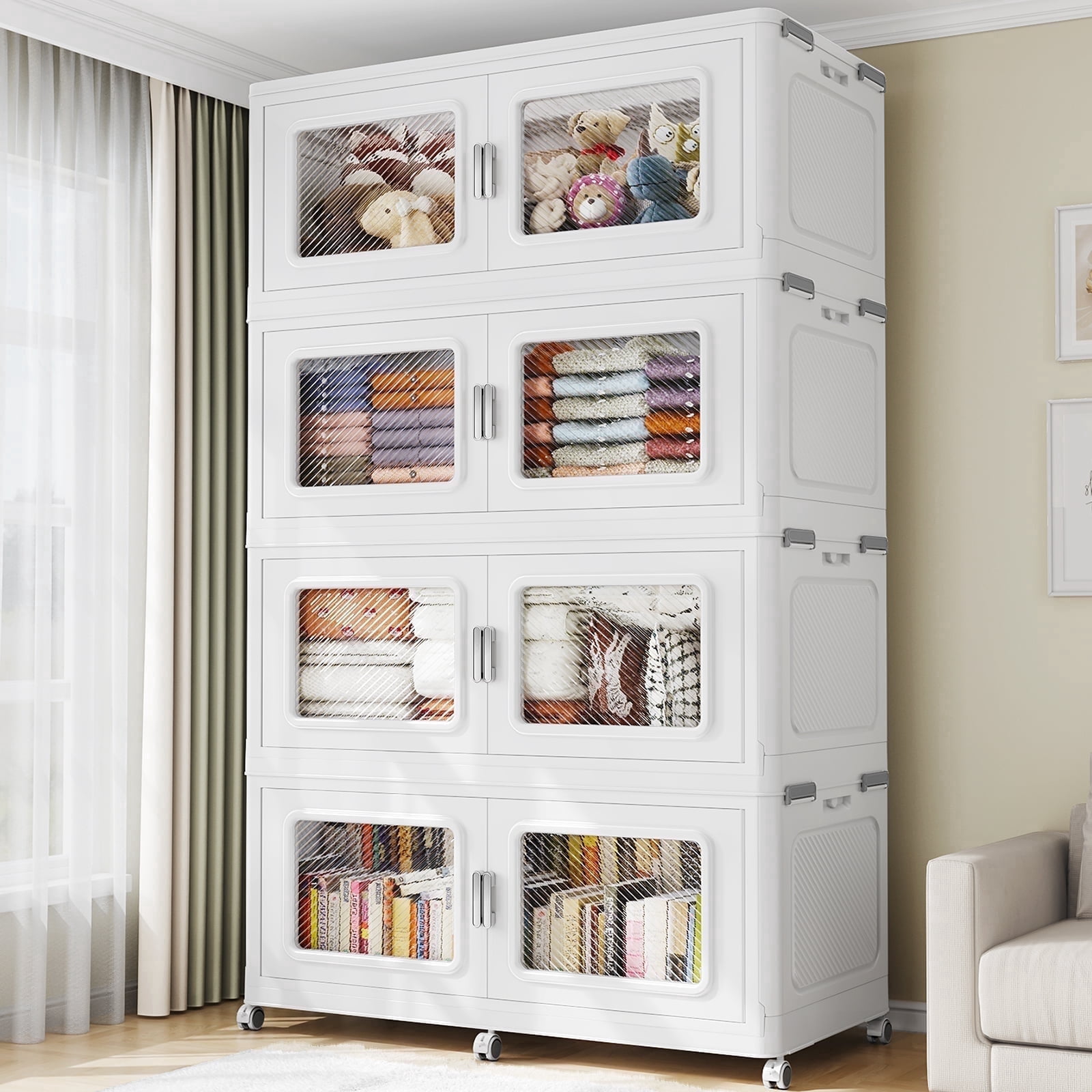 1200Qt Extra Large Stackable Storage Bins with Lid, 300Gal Collapsible Closet Organizer and Storage Drawers with Wheels, Plastic Storage Box, 4Packs, White