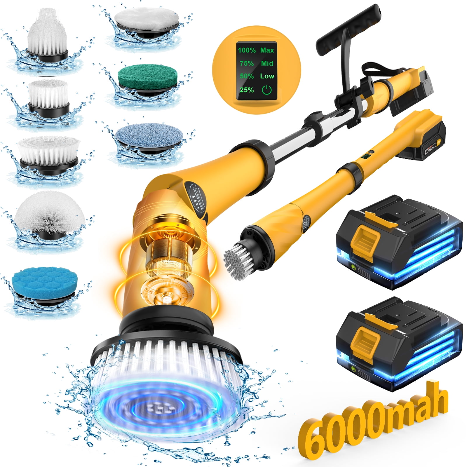 1200 RPM Electric Spin Scrubber with Two Batteries, 6000mAh Battery Cordless Cleaning Brush with