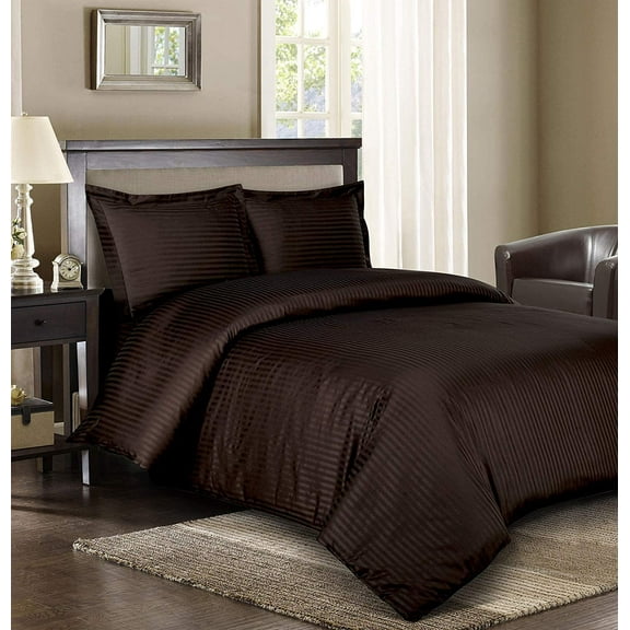1200 TC 100% Egyptian Cotton Premium Duvet set Zipper Closur Ultra Soft Durable and Fade Resistant Color Chocolate Stripe size Full