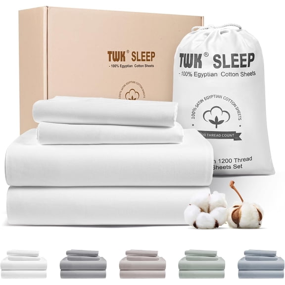 1200 TC 100% Egyptian Long-Staple Cotton Bedding Sheets Set, Luxury Hotel Style Deep Pocket with Elastic Reinforced Seams Sheet Set, Soft & Comfy Natural Sheets (White, King)