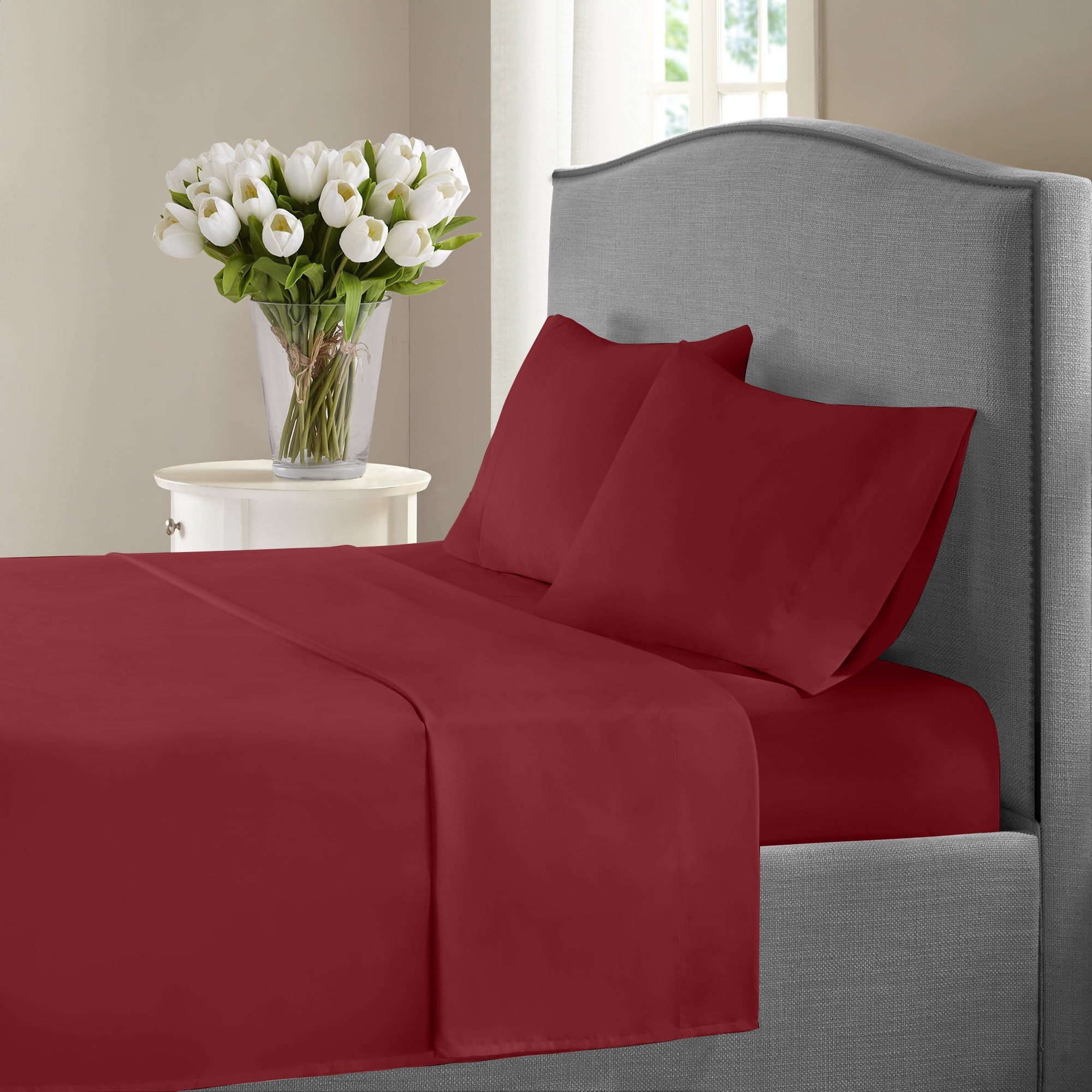 100 Cotton 1200 Thread Count Queen Bed Sheets Set in Solid Burgundy
