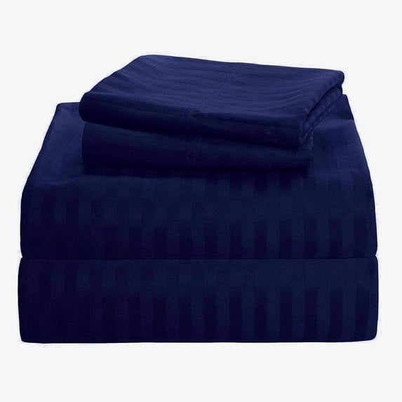 1200 Thread Count 100% Egyptian Cotton 3-Piece Fitted Sheet ( 1 Fitted Sheet + 2 Pillow Covers) 15 Inches Deep Pocket Size California-King Color Navy Blue Stripe