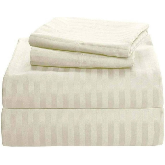1200 Thread Count 100% Egyptian Cotton 3-Piece Fitted Sheet ( 1 Fitted Sheet + 2 Pillow Covers) 15 Inches Deep Pocket Size Olympic-Queen Color Ivory Stripe