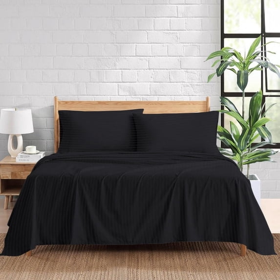 1200 Thread Count 100% Egyptian Cotton 4-Piece Bed Sheet Set (1 Flat, 1 Fitted Sheet, 2 Pillow Covers) 21 Inches Deep Pocket Size Full Color Black Stripe