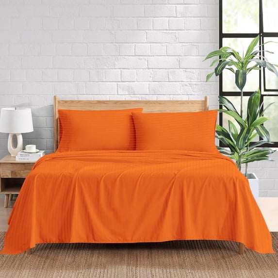 1200 Thread Count 100% Egyptian Cotton 4-Piece Bed Sheet Set (1 Flat, 1 Fitted Sheet, 2 Pillow Covers) 21 Inches Deep Pocket Size Olympic-Queen Color Orange Stripe