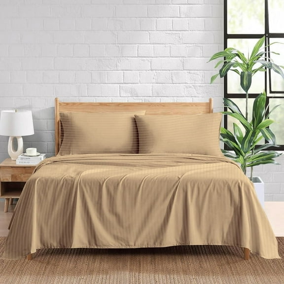 1200 Thread Count 100% Egyptian Cotton 4-Piece Bed Sheet Set (1 Flat, 1 Fitted Sheet, 2 Pillow Covers) 24 Inches Deep Pocket Size Olympic-Queen Color Taupe Stripe