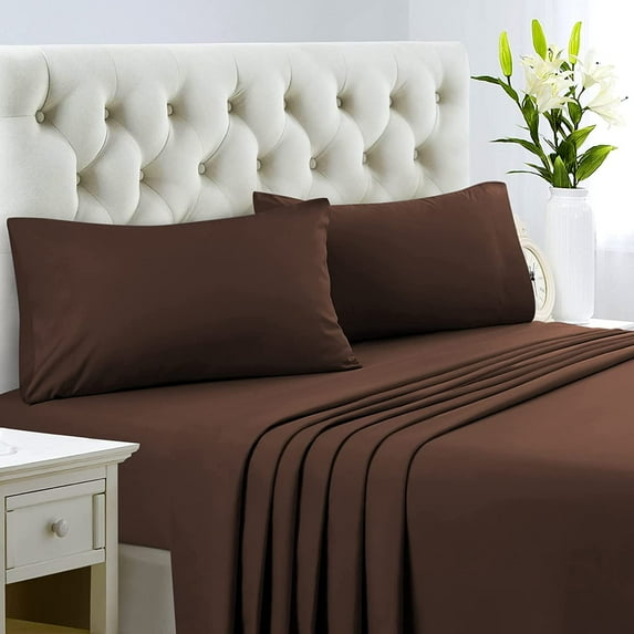 1200 Thread Count 100% Egyptian Cotton 4-Piece Bed Sheet Set (1 Flat, 1 Fitted Sheet, 2 Pillow Covers) 24 Inches Deep Pocket Size Queen Color Chocolate Solid