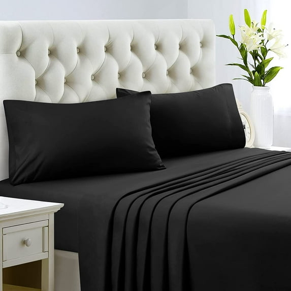 1200 Thread Count 100% Egyptian Cotton 4-Piece Bed Sheet Set (1 Flat, 1 Fitted Sheet, 2 Pillow Covers) 24 Inches Deep Pocket Size Twin Color Black Solid