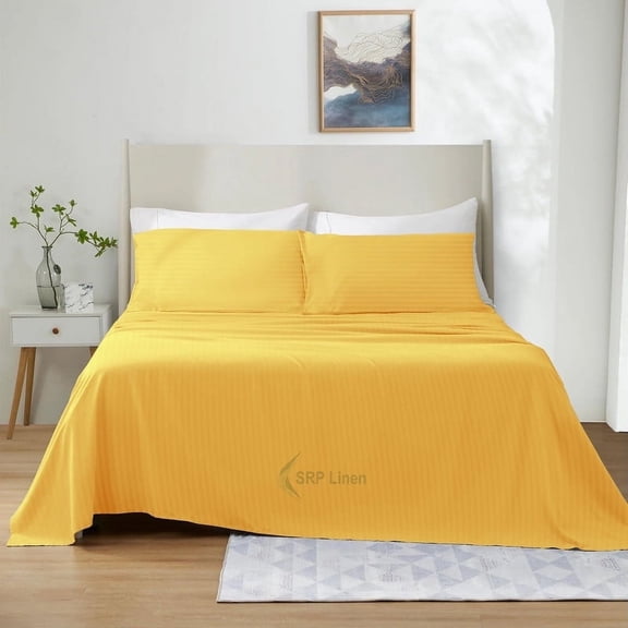 1200 Thread Count 4 Piece Quality Sheet Set 15 Inch Deep Pocket 100% Egyptian Cotton Color Gold Stripe Size Twin